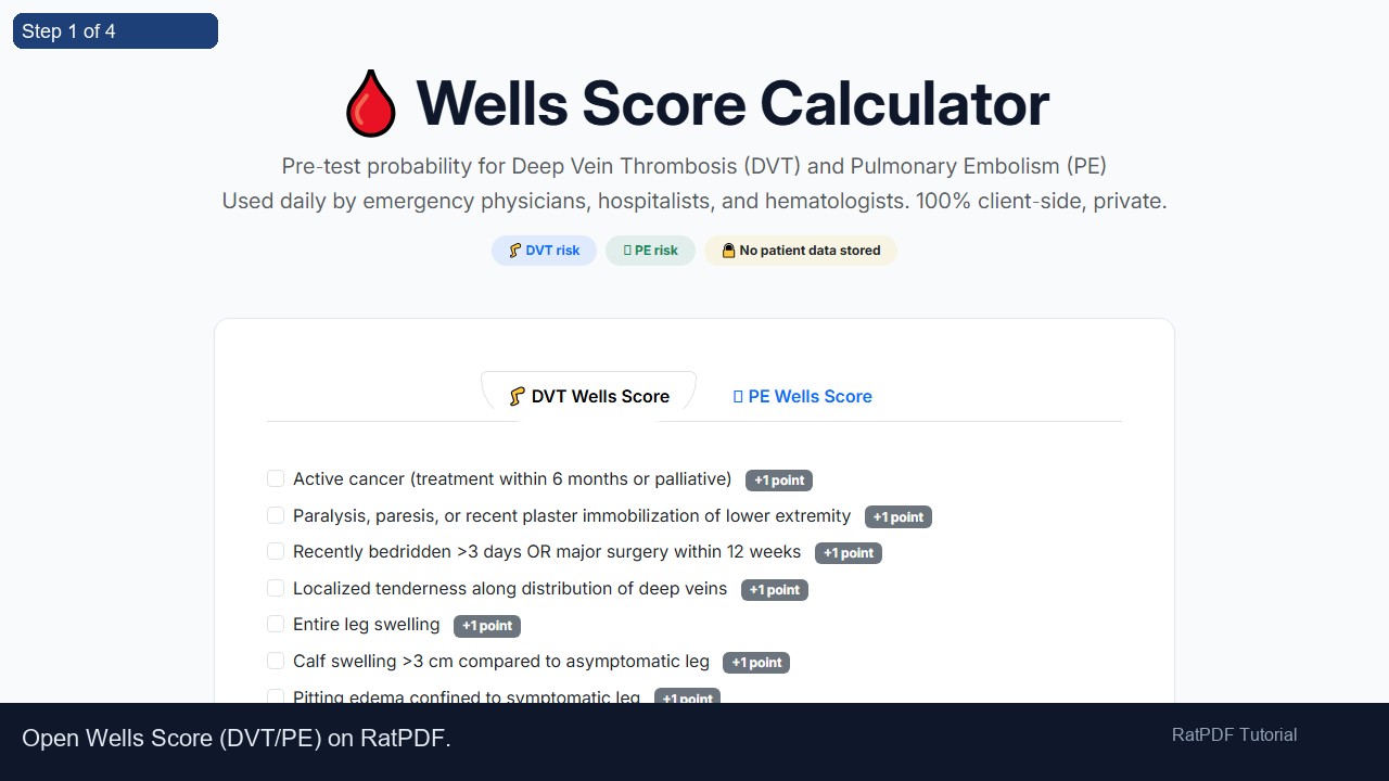 Wells Score (DVT/PE) tutorial step 1